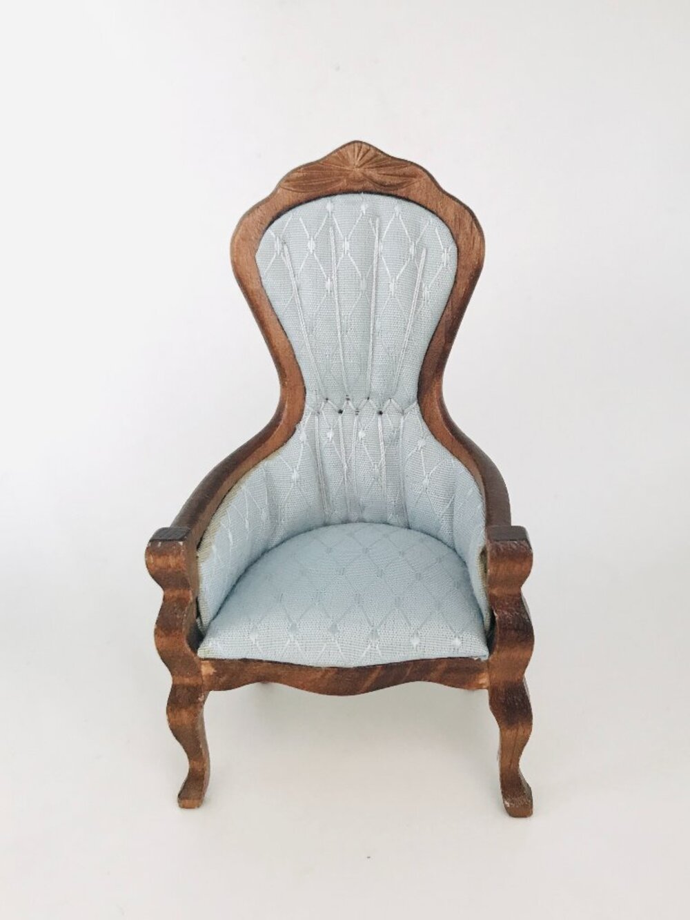 Vintage Dollhouse Miniature Victorian Armchair Parlor Chair Carved Wood Blue
